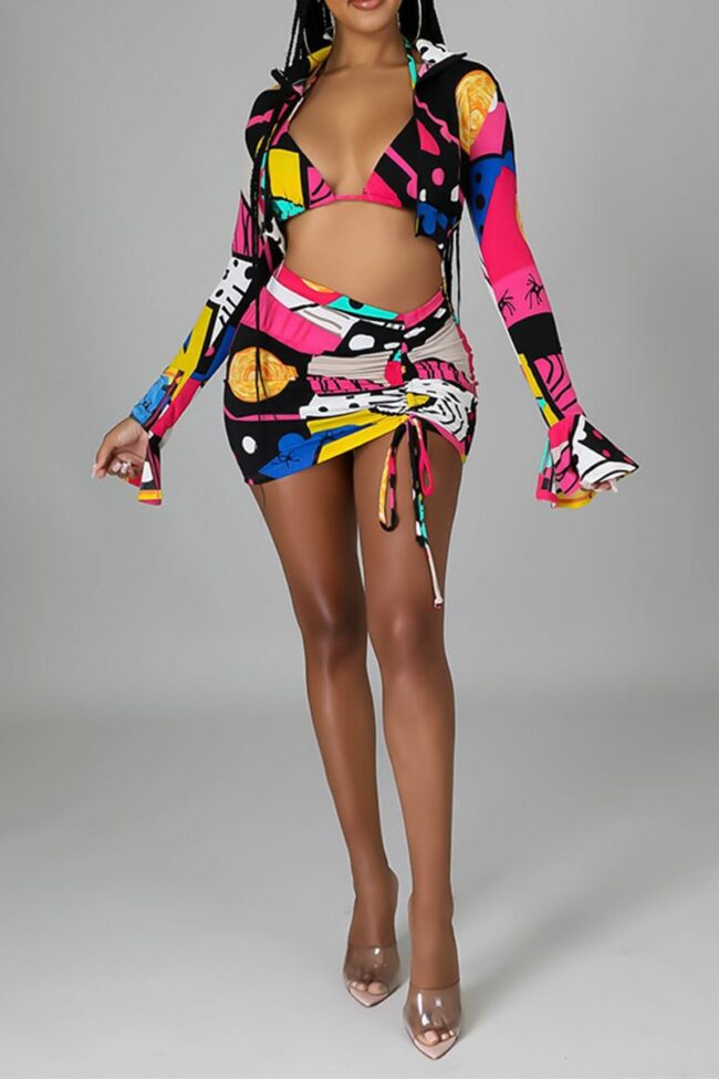 Sexy Print Split Joint Halter Long Sleeve Two Pieces