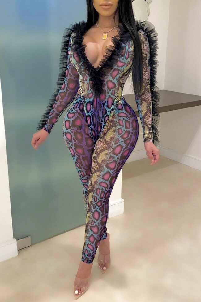 Sexy Print Split Joint See-through Fold Mesh V Neck Long Sleeve Two Pieces