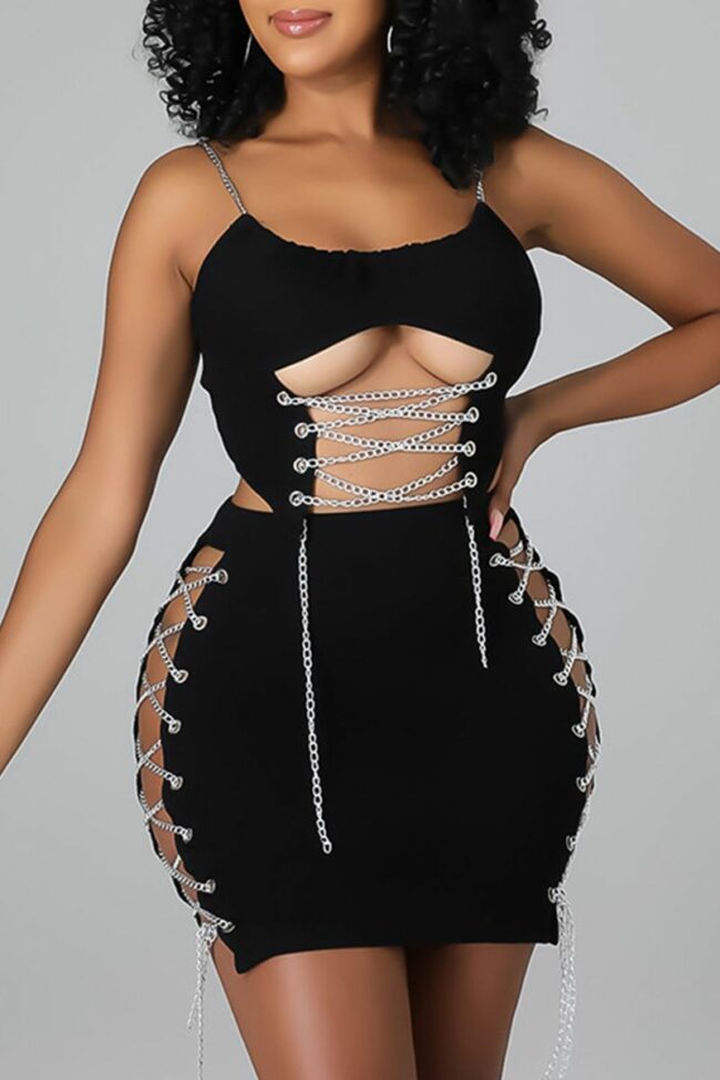 Sexy Solid Hollowed Out Spaghetti Strap Sleeveless Two Pieces