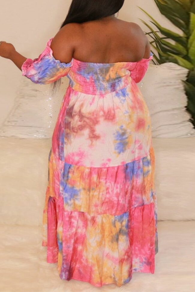 Casual Patchwork Tie-dye Off the Shoulder Cake Skirt Plus Size Dresses