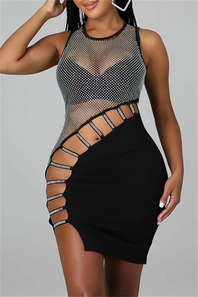 Sexy Patchwork Hollowed Out See-through O Neck Sleeveless Dress