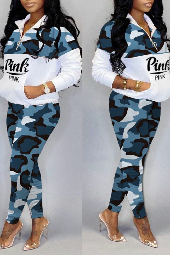 Casual Camouflage Print Split Joint Zipper Collar Long Sleeve Two Pieces