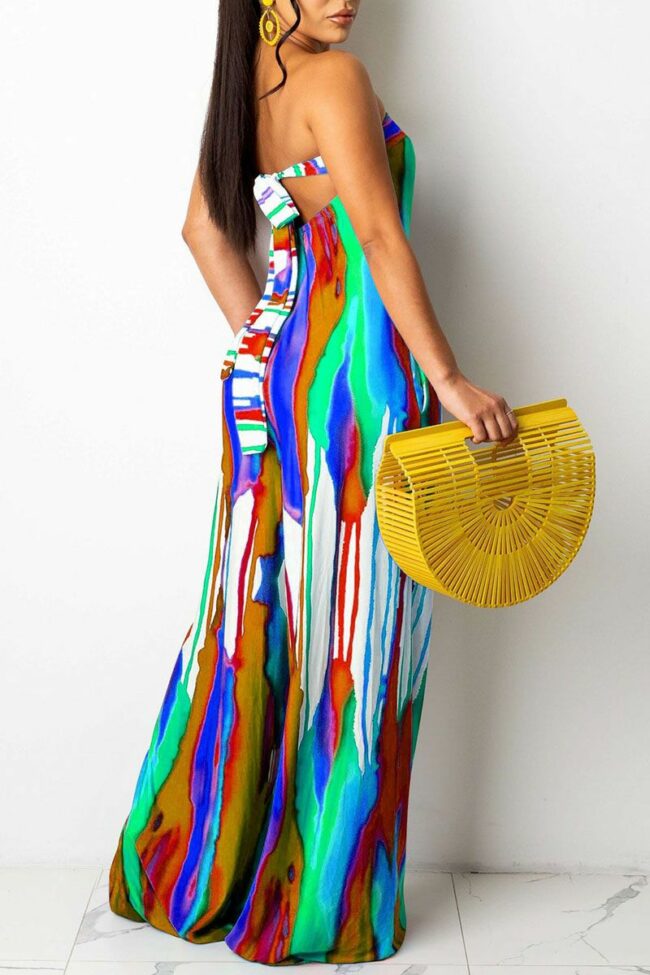 Sexy Print Bandage Split Joint Strapless Straight Jumpsuits