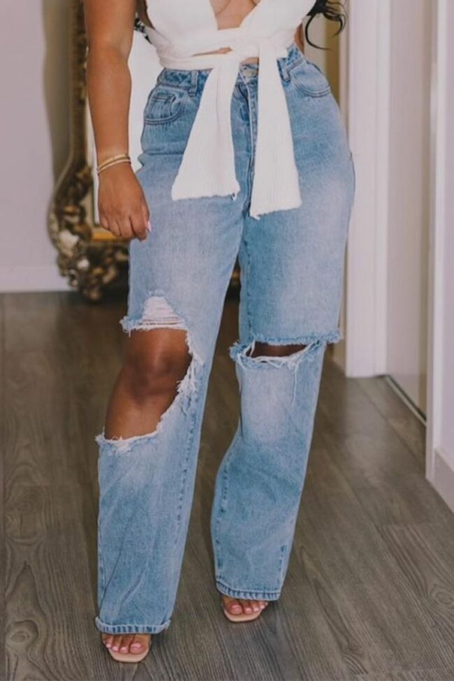 Casual Solid Ripped Loose Denim Jeans
