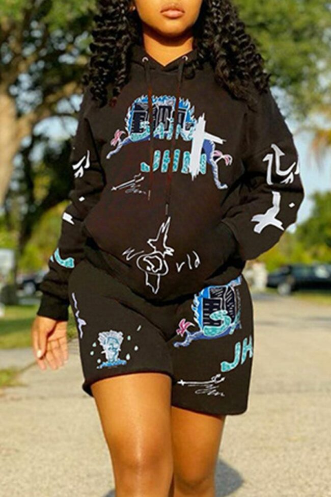 Street Print Split Joint Hooded Collar Long Sleeve Two Pieces