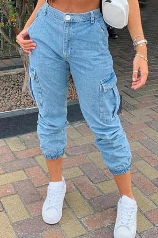 Fashion Street Solid Split Joint Mid Waist Denim Jeans