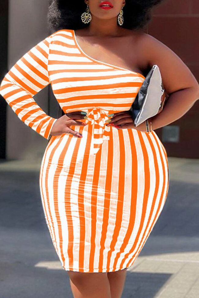 Casual Striped Split Joint One Shoulder Pencil Skirt Plus Size Dresses
