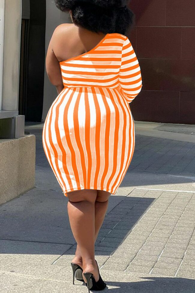 Casual Striped Split Joint One Shoulder Pencil Skirt Plus Size Dresses