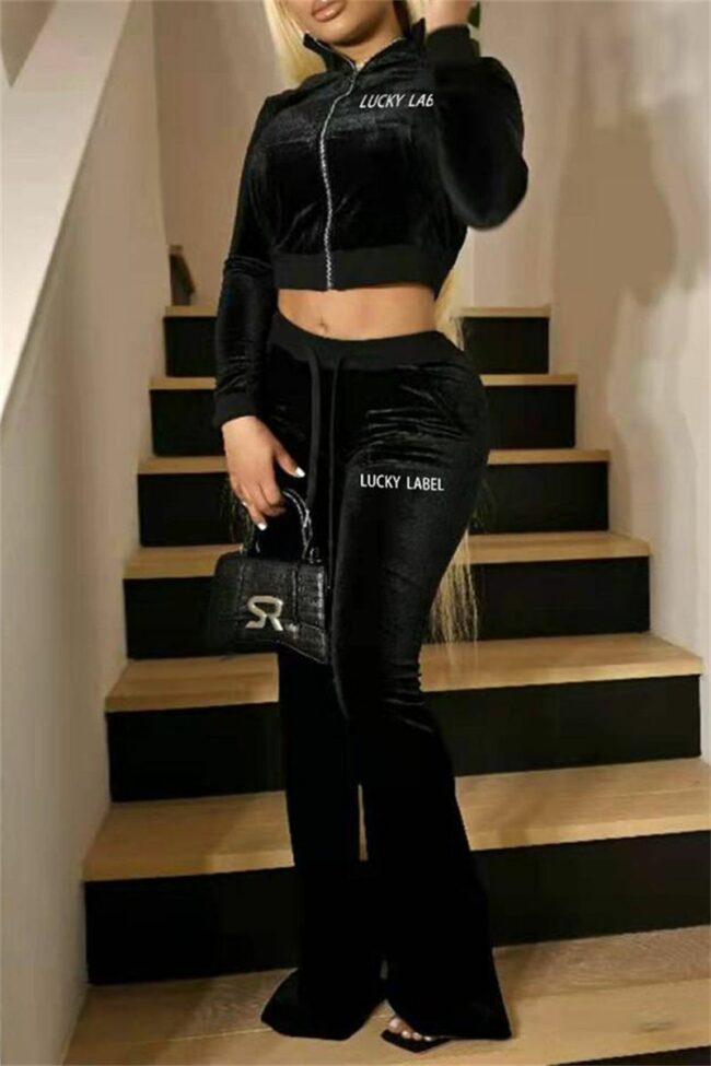 Fashion Casual Letter Embroidery Solid Color Zipper Collar Long Sleeve Two Pieces