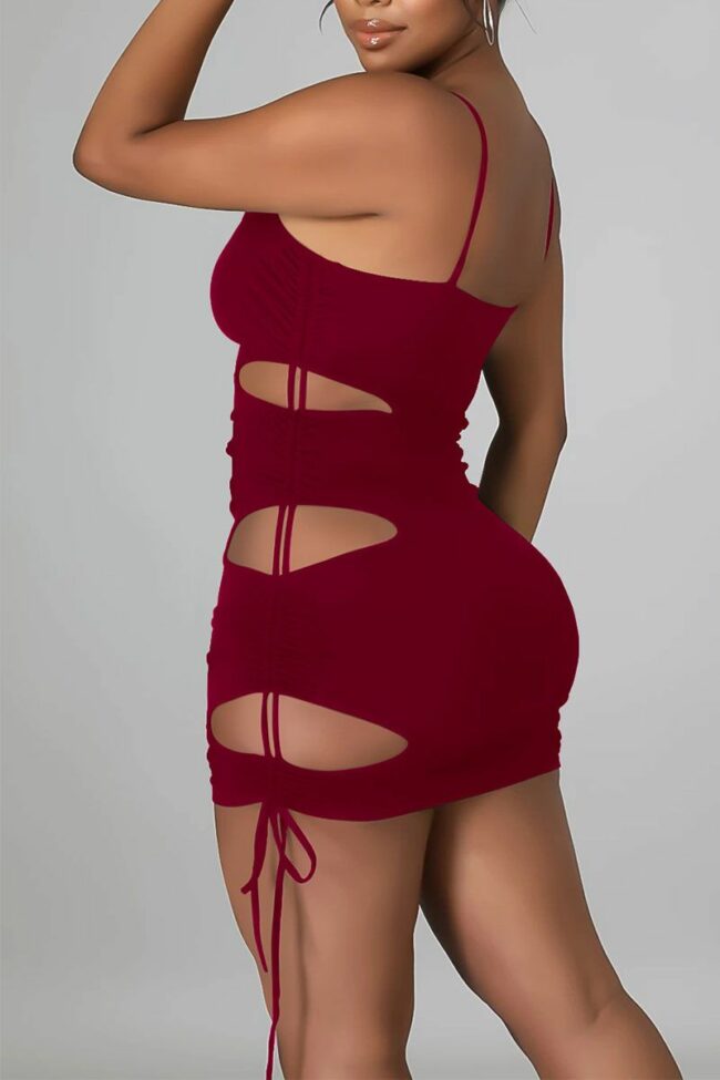 Sexy Solid Ripped Hollowed Out Split Joint Spaghetti Strap Sling Dress Dresses