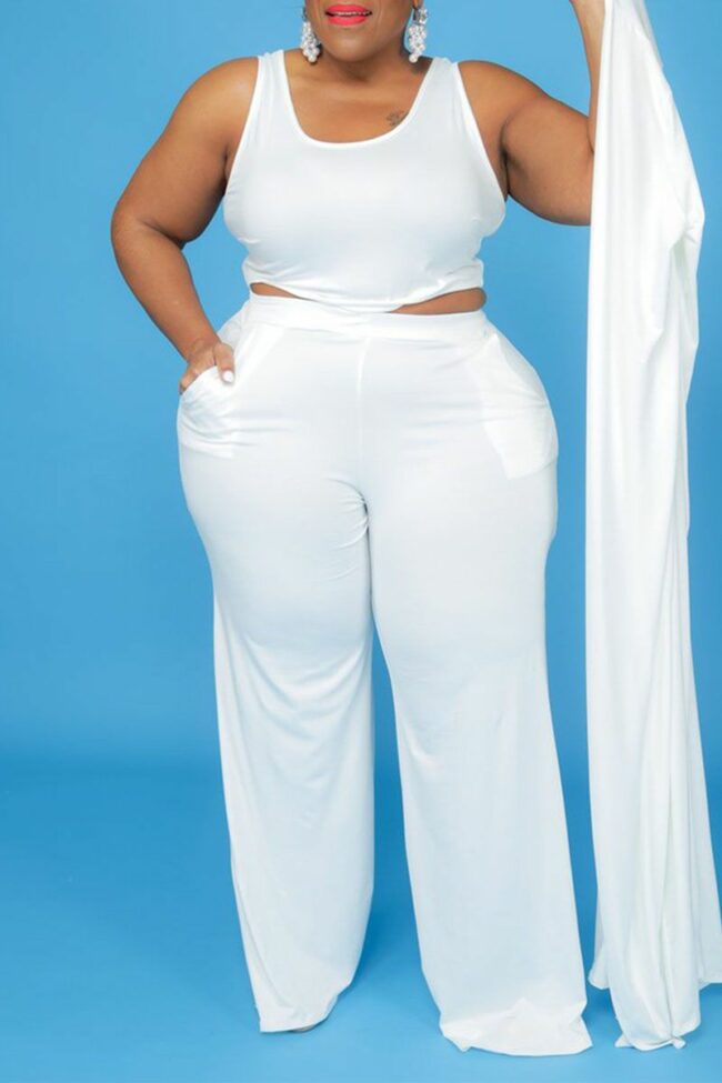 Casual Solid Split Joint U Neck Plus Size Two Pieces