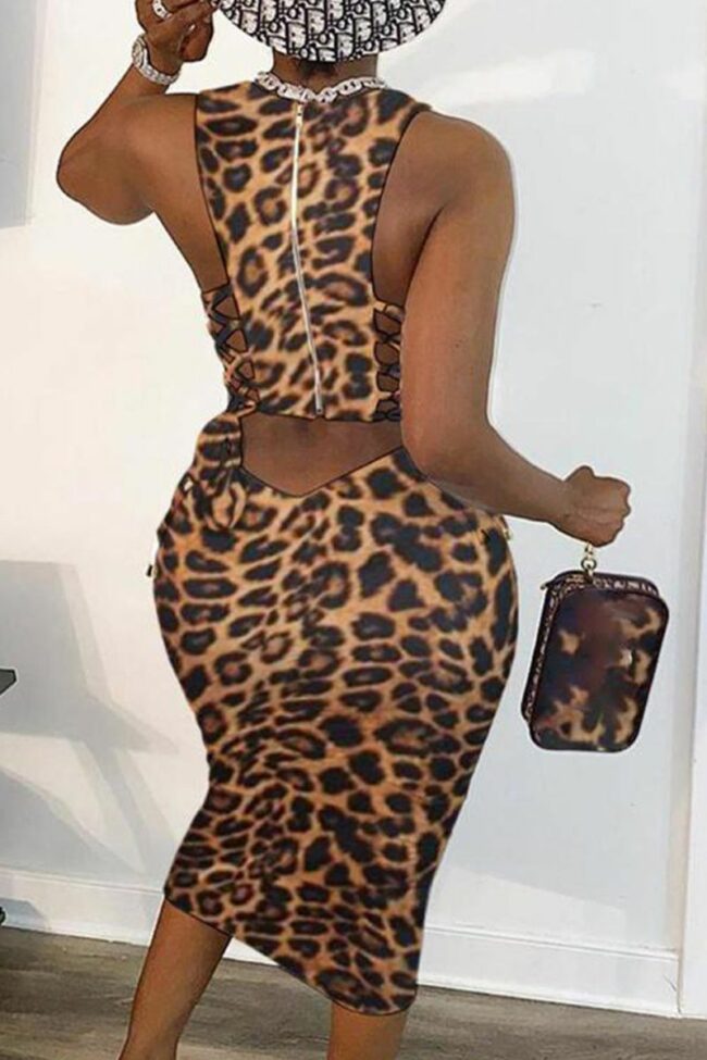Sexy Leopard Split Joint U Neck Pencil Skirt Dresses