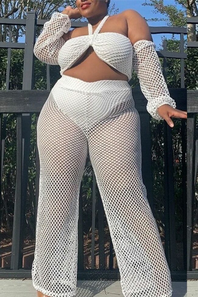 Sexy Solid Hollowed Out Split Joint See-through Mesh Halter Plus Size Two Pieces