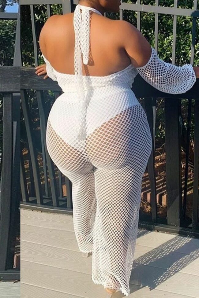 Sexy Solid Hollowed Out Split Joint See-through Mesh Halter Plus Size Two Pieces