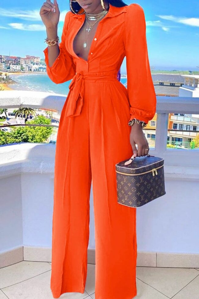 Casual Solid Split Joint Buttons Turndown Collar Straight Jumpsuits
