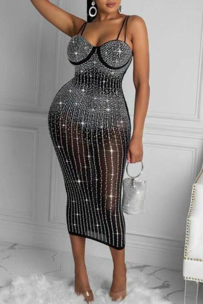 White Fashion Sexy Hot Drilling See-through Spaghetti Strap Sling Dress
