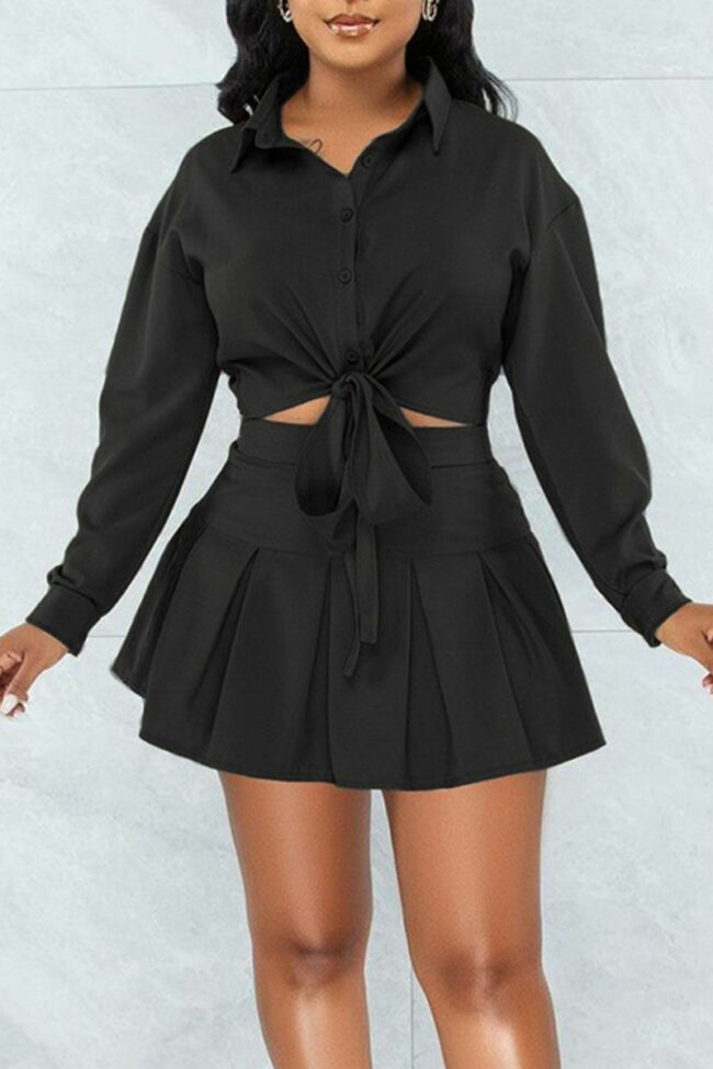 Casual Solid Split Joint Buckle Turndown Collar Long Sleeve Two Pieces