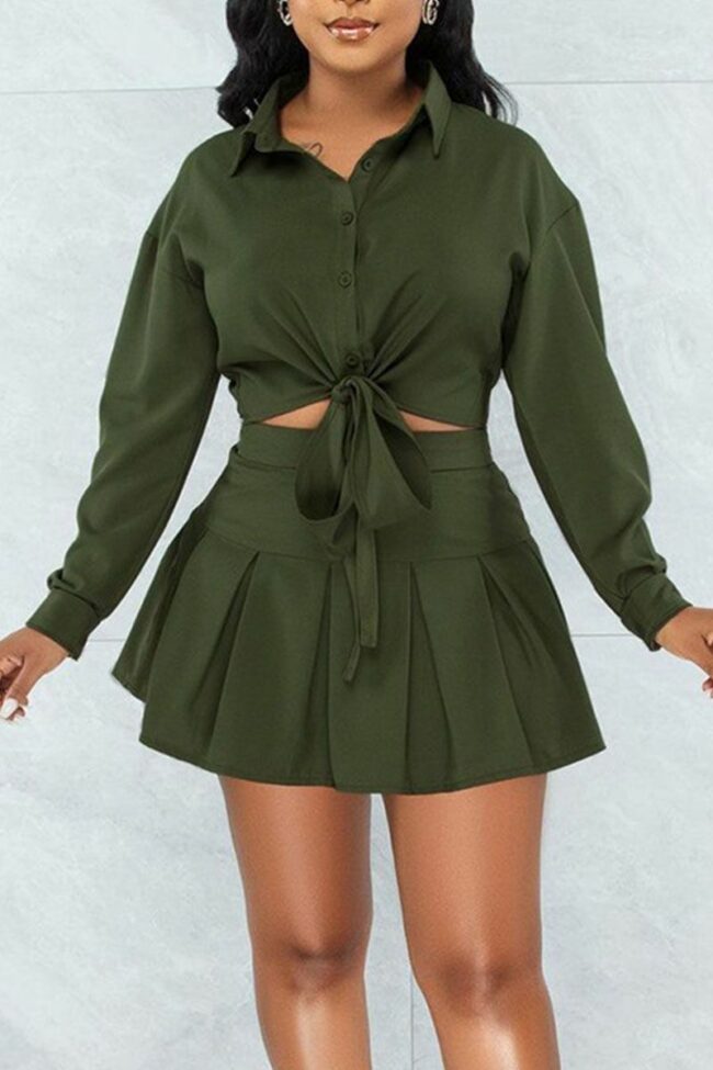 Casual Solid Split Joint Buckle Turndown Collar Long Sleeve Two Pieces