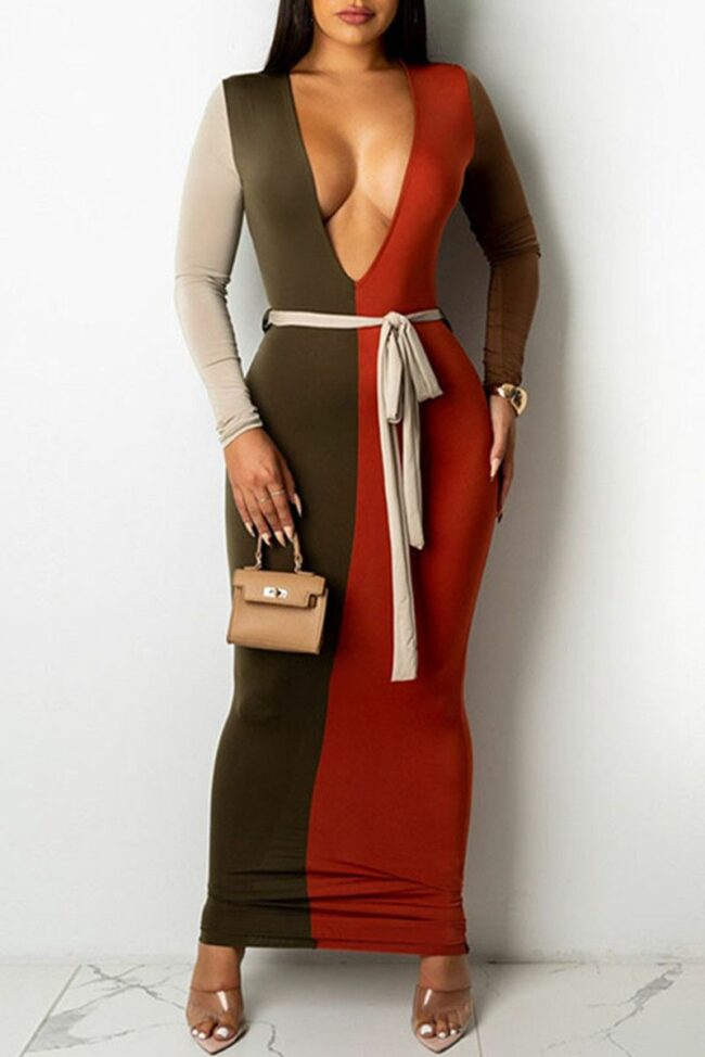 Sexy Casual Patchwork With Belt V Neck Long Sleeve Dresses