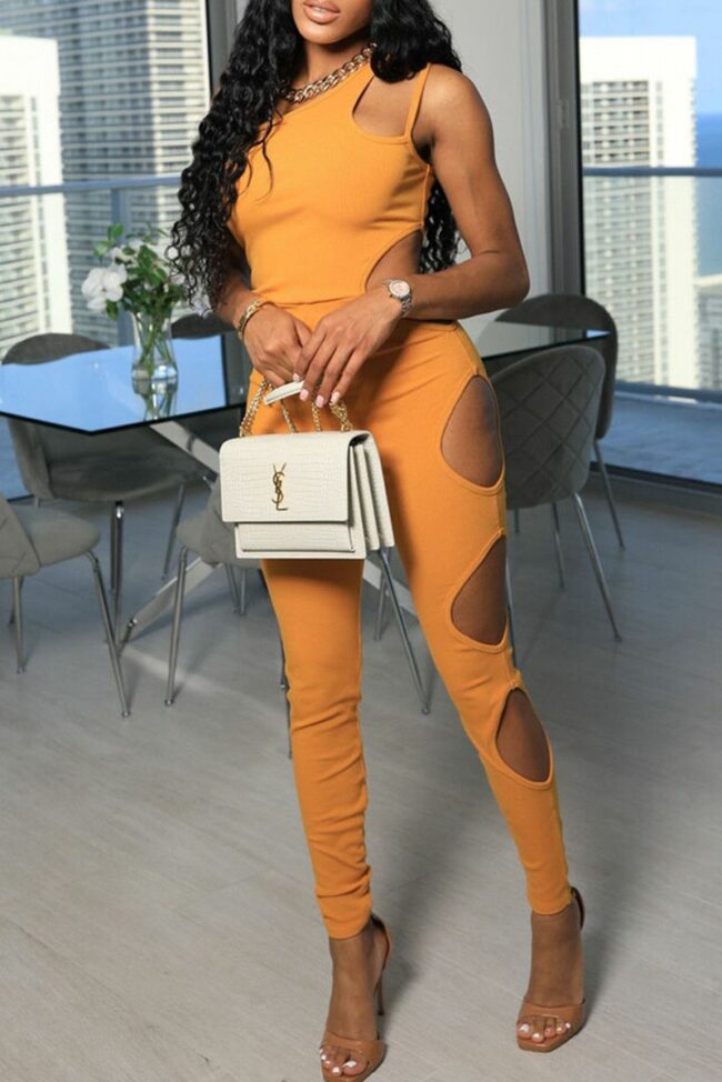 Fashion Sexy Solid Hollowed Out Spaghetti Strap Skinny Jumpsuits