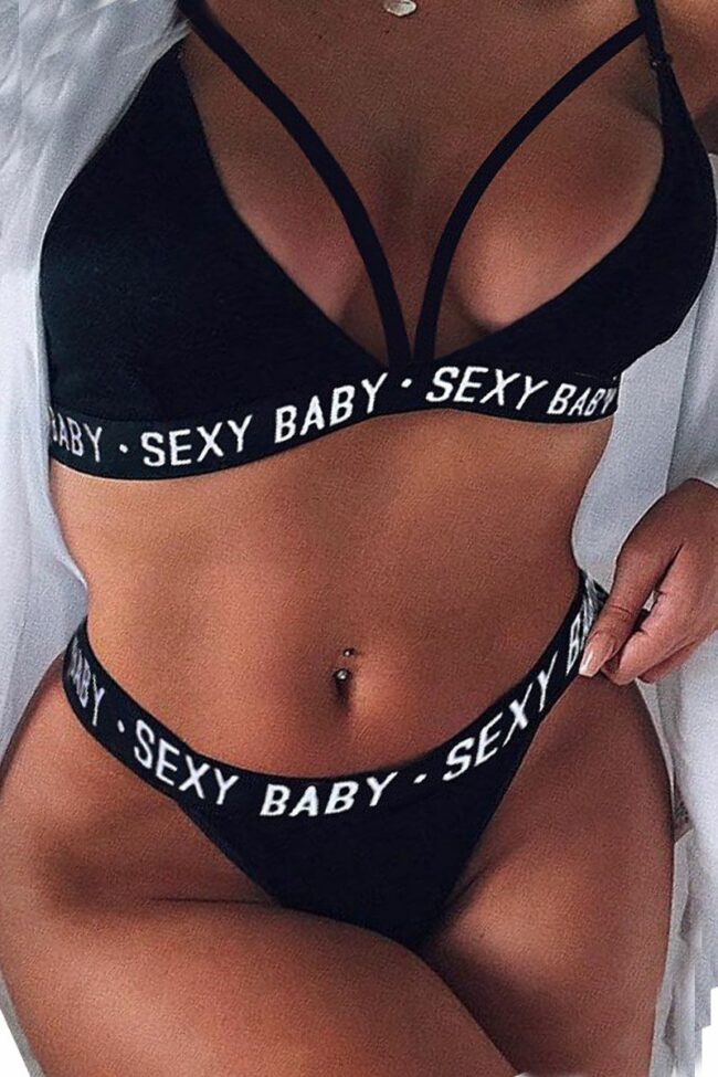Sexy Letter Print Hollowed Out Split Joint Swimwears