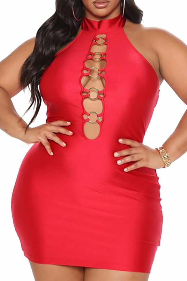 Sexy Solid Hollowed Out Halter Pencil Skirt Plus Size Dresses