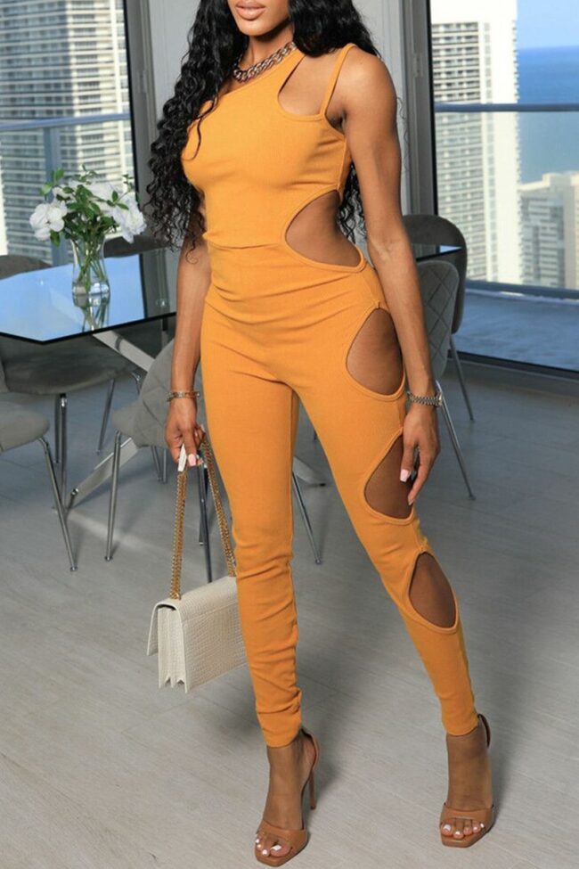 Fashion Sexy Solid Hollowed Out Spaghetti Strap Skinny Jumpsuits