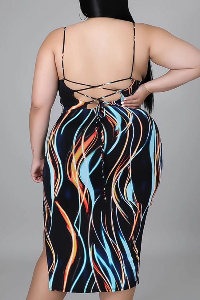 Sexy Patchwork Tie-dye Spaghetti Strap Pencil Skirt Plus Size Dresses