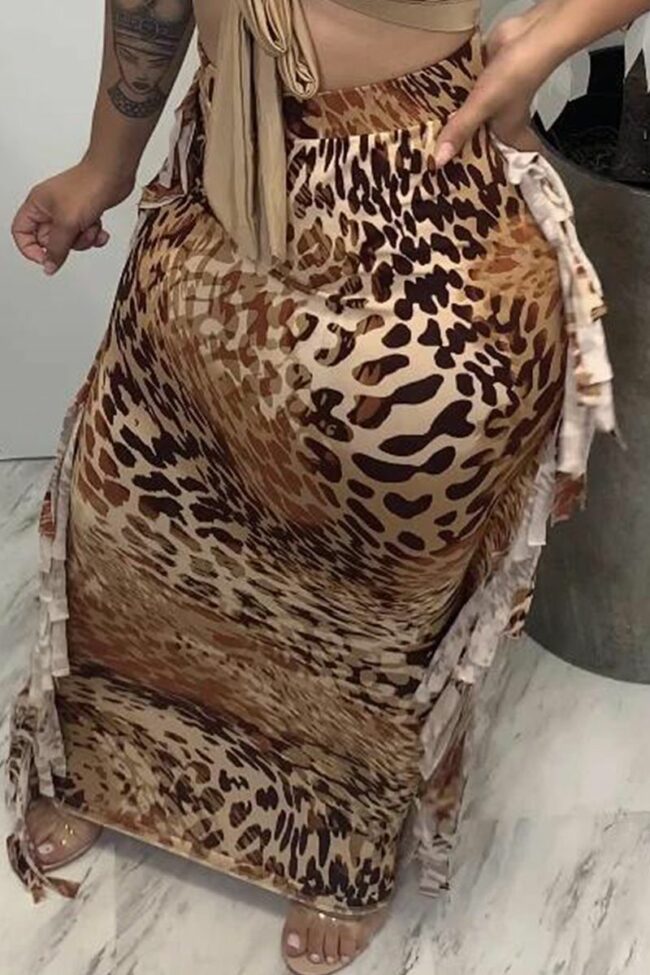 Fashion Casual Print Leopard Tassel Regular High Waist Skirt