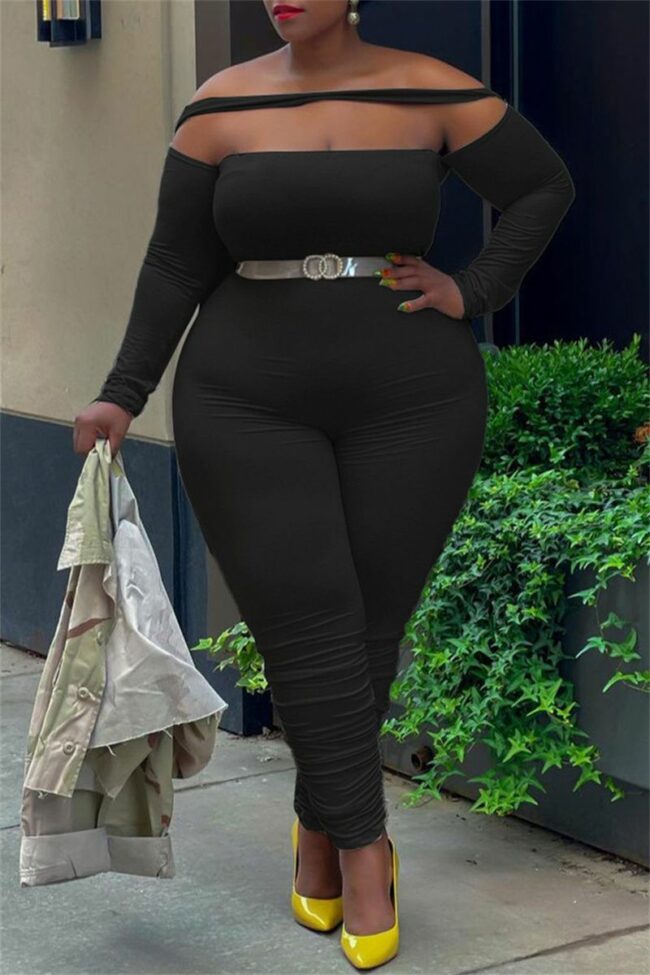 Sexy Casual Solid Split Joint Backless Off the Shoulder Plus Size Jumpsuits