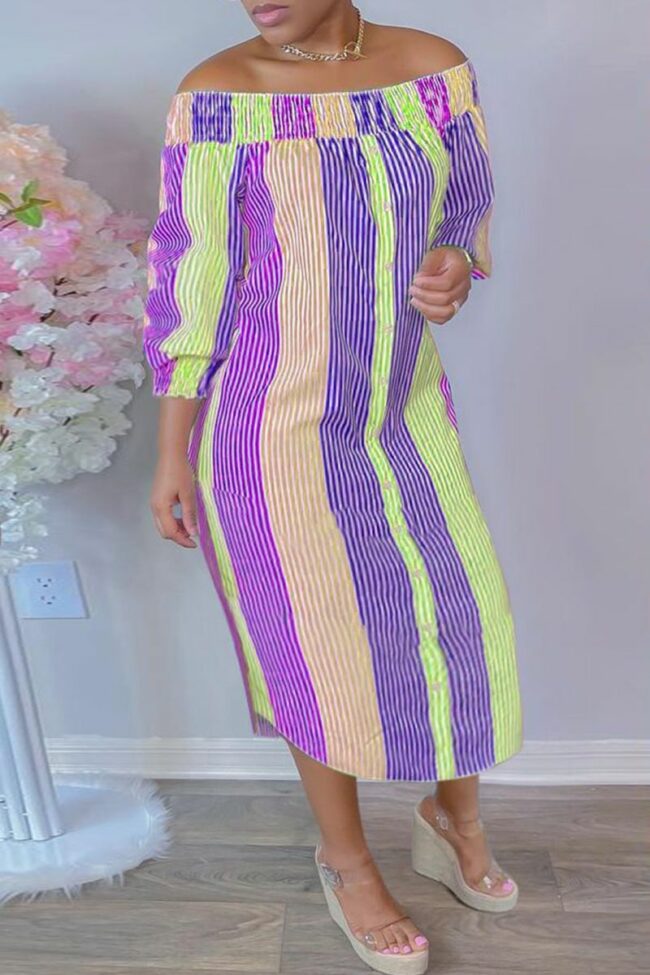 Fashion Casual Striped Print Off the Shoulder Long Dress