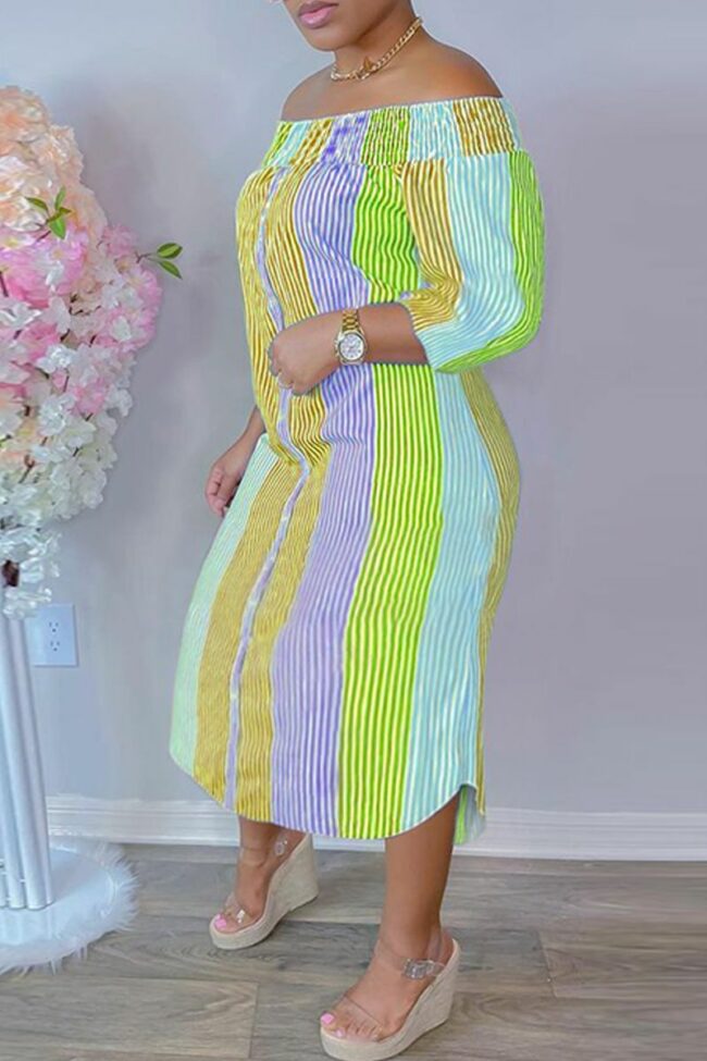 Fashion Casual Striped Print Off the Shoulder Long Dress