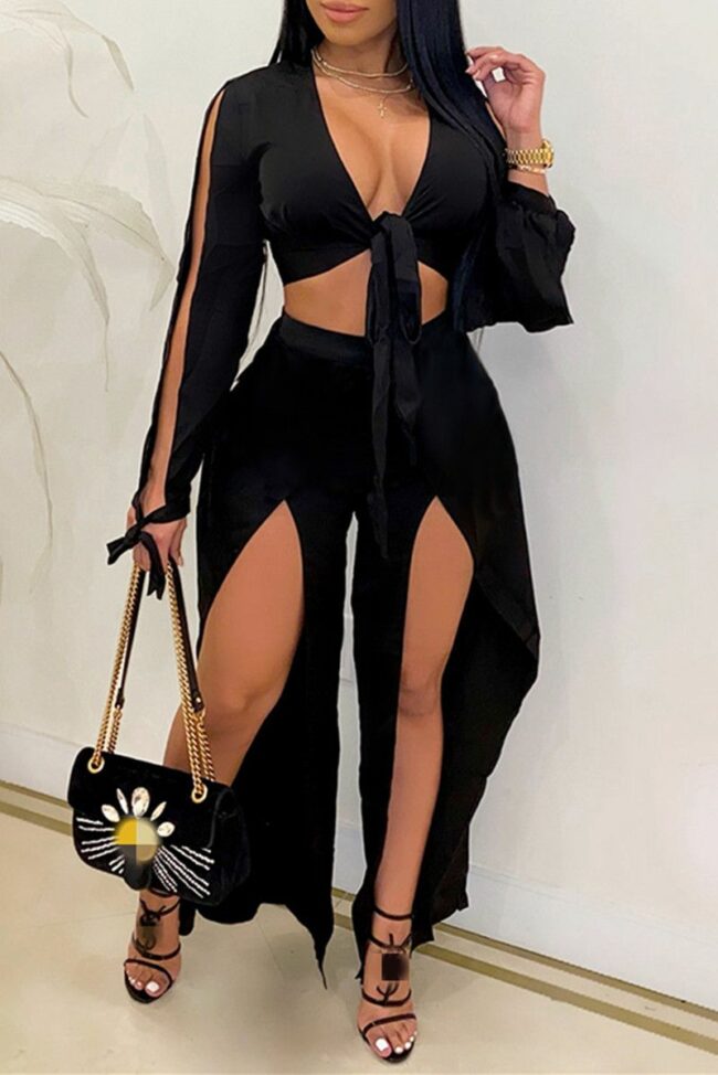 Sexy Casual Solid Bandage Slit V Neck Long Sleeve Two Pieces