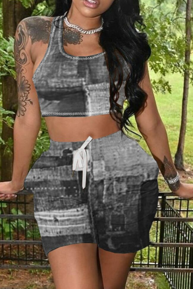 Casual Print Split Joint U Neck Sleeveless Two Pieces