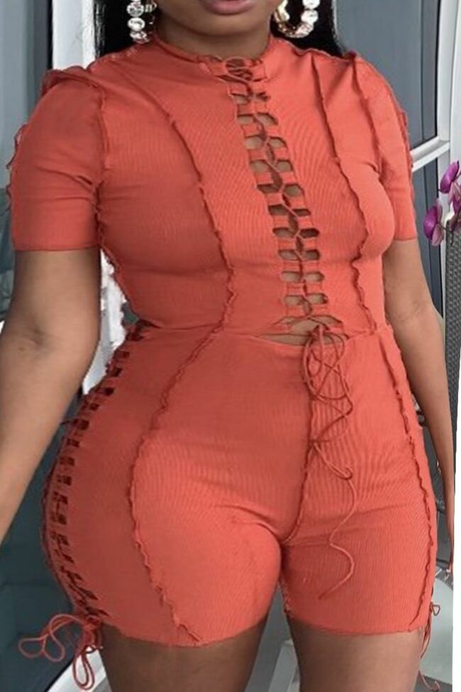 Sexy Solid Hollowed Out Half A Turtleneck Plus Size Jumpsuits