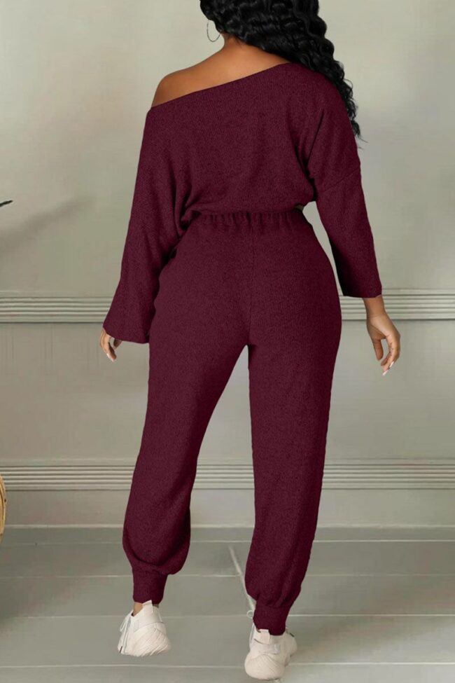 Sexy Solid Split Joint Draw String Off the Shoulder Long Sleeve Two Pieces