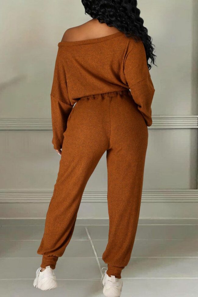 Sexy Solid Split Joint Draw String Off the Shoulder Long Sleeve Two Pieces