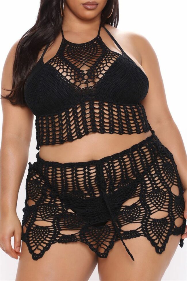 Sexy Solid Hollowed Out See-through Backless Spaghetti Strap Plus Size Swimwear