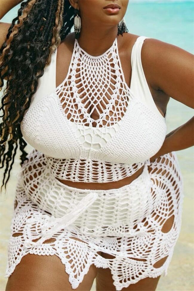 Sexy Solid Hollowed Out See-through Backless Spaghetti Strap Plus Size Swimwear