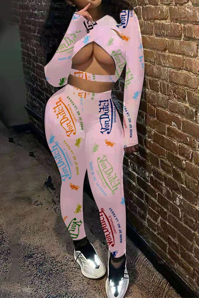 Sexy Print Hollowed Out O Neck Long Sleeve Two Pieces