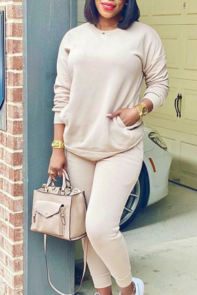 Casual Solid Split Joint O Neck Long Sleeve Two Pieces