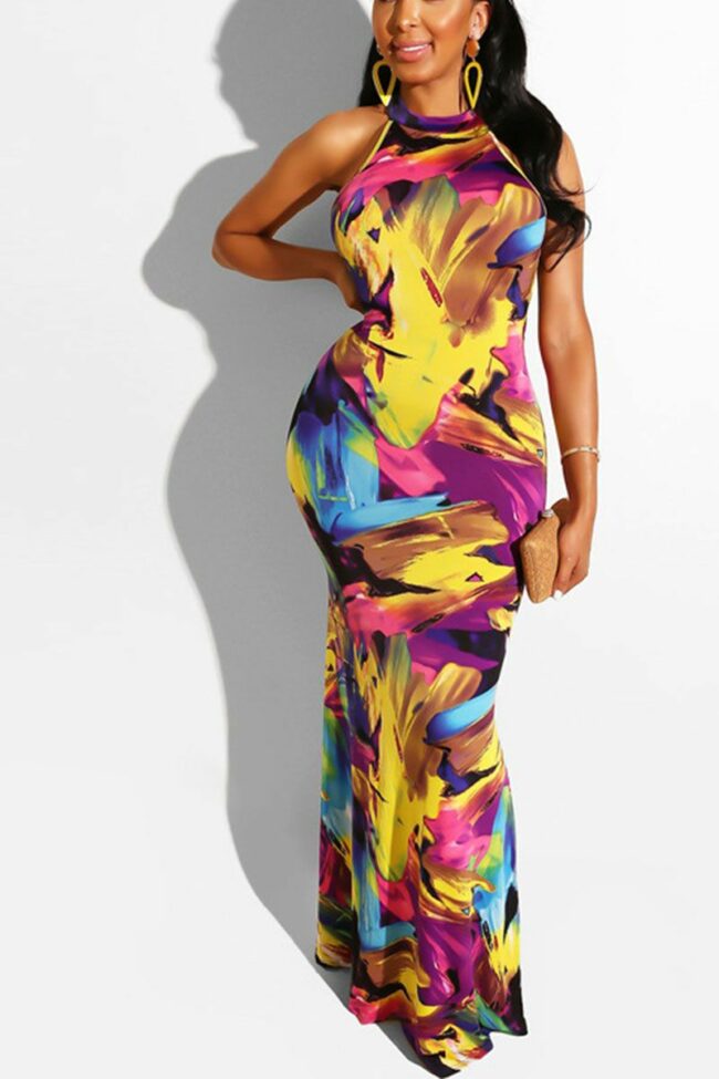 Sexy Print Hollowed Out Split Joint Halter Straight Dresses