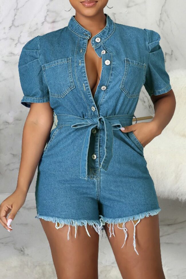Casual Solid Bandage Turndown Collar Straight Jumpsuits