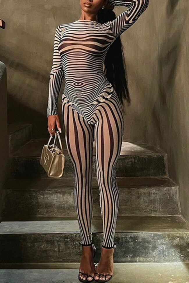 Sexy Striped Print Split Joint O Neck Long Sleeve Two Pieces
