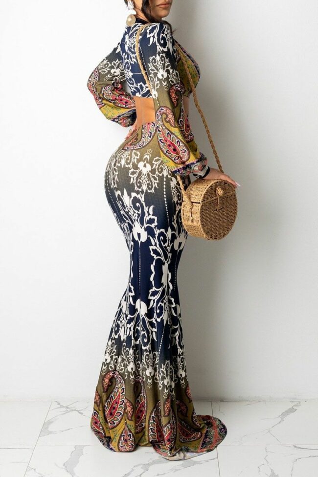 Sexy Print Hollowed Out Split Joint Backless V Neck Straight Dresses
