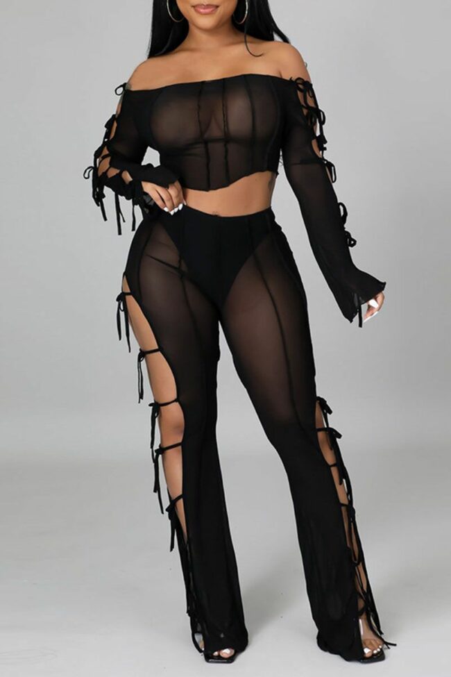 Sexy Solid Hollowed Out Split Joint Frenulum See-through Off the Shoulder Long Sleeve Two Pieces
