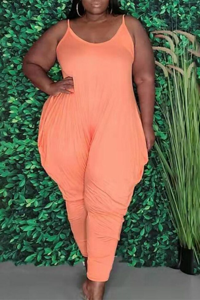 Casual Solid Split Joint Spaghetti Strap Plus Size Jumpsuits