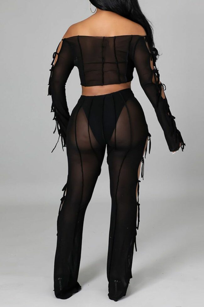 Sexy Solid Hollowed Out Split Joint Frenulum See-through Off the Shoulder Long Sleeve Two Pieces