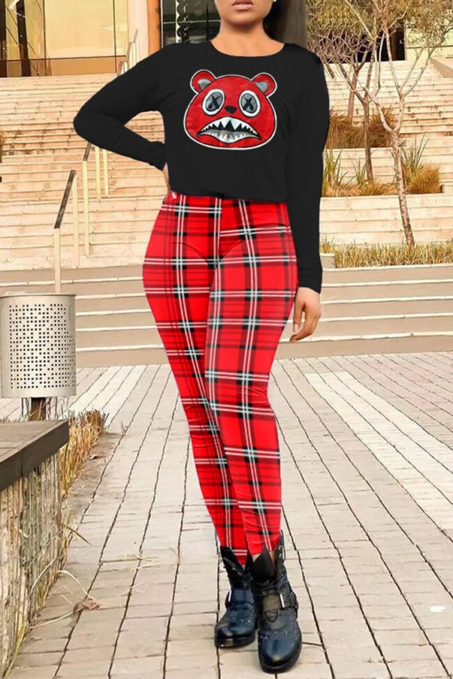 Casual Plaid Print Split Joint O Neck Long Sleeve Two Pieces
