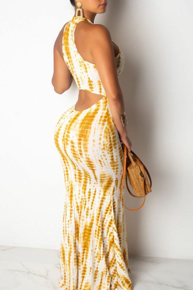Sexy Print Hollowed Out Split Joint Halter Straight Dresses